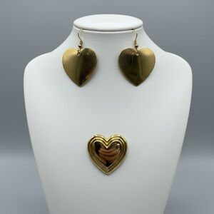 Vintage Signed Gold Tone Heart Drop Dangle Earrings and Brooch Pin Set